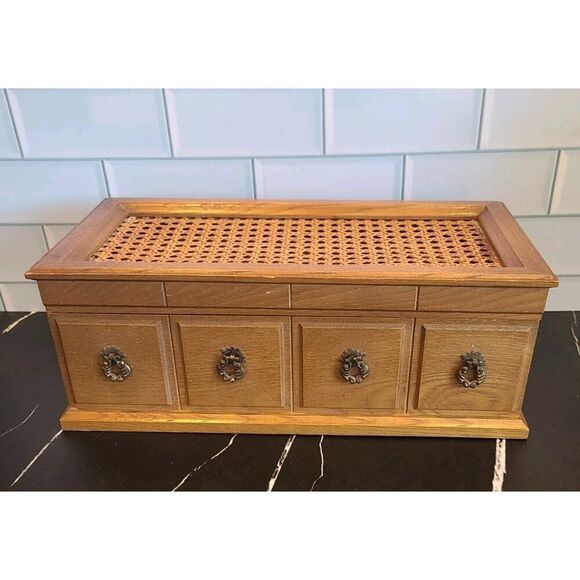 Vintage Mele Wooden Jewelry Dresser Music Box Cane Top Chest Boho Décor *FLAW* - Picture 2 of 16